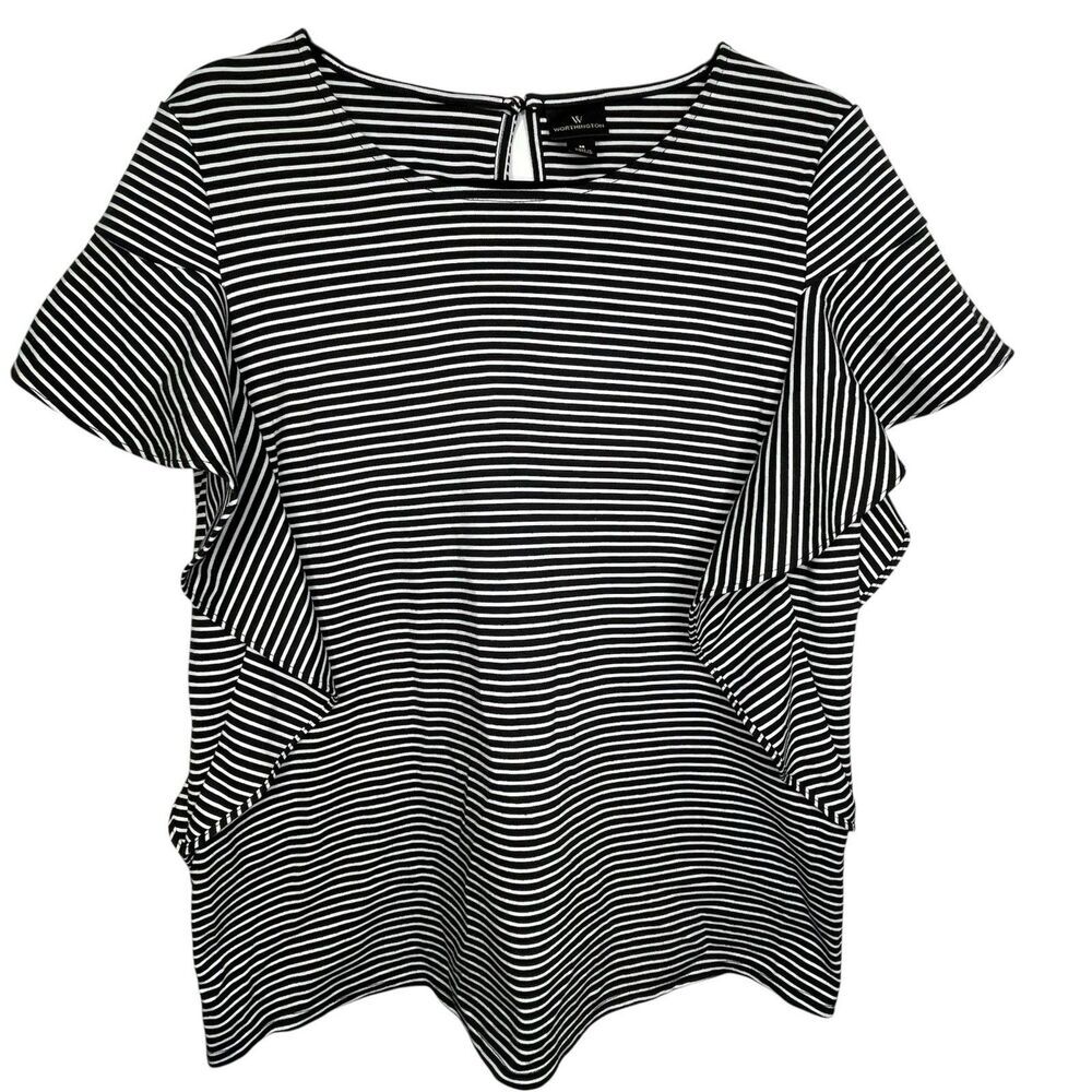 Worthington Blouse Women's SZ M BlackWhite Striped Flutter Sleeve‎ Career Work